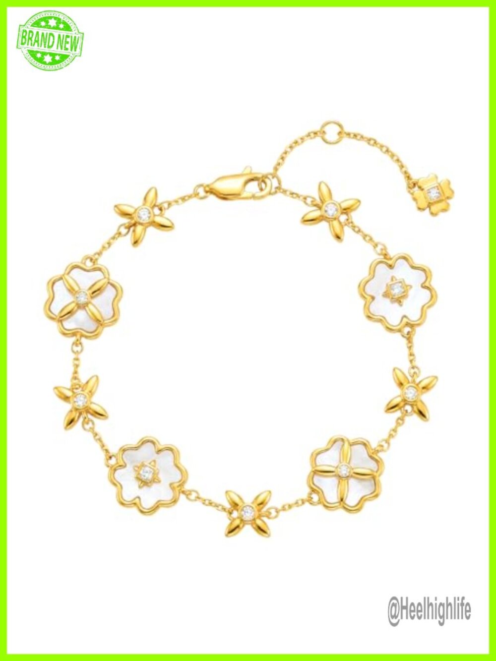 18K Gold Plated Charm Bracelet Women Mothers of Pearl Flower Link Adjustable